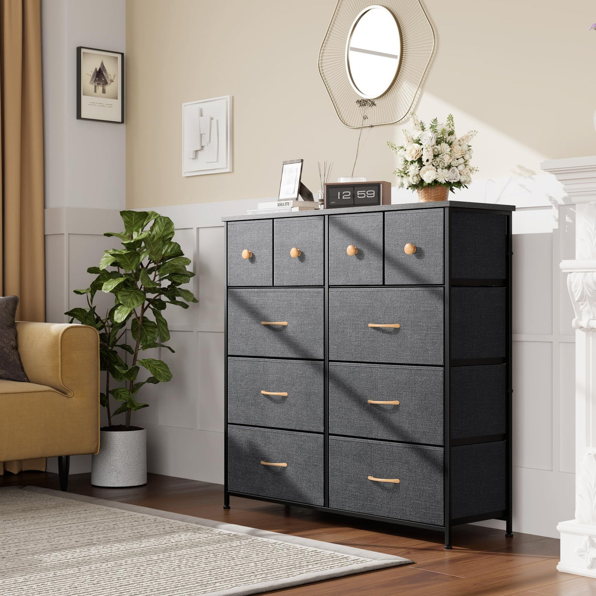 Nicehill Dresser for Bedroom with 10 Drawers, Storage Drawer Organizer, Tall Chest of Drawers for Closet, Living Room, Hallway, Entryway, Fabric Drawers (Black Grey)