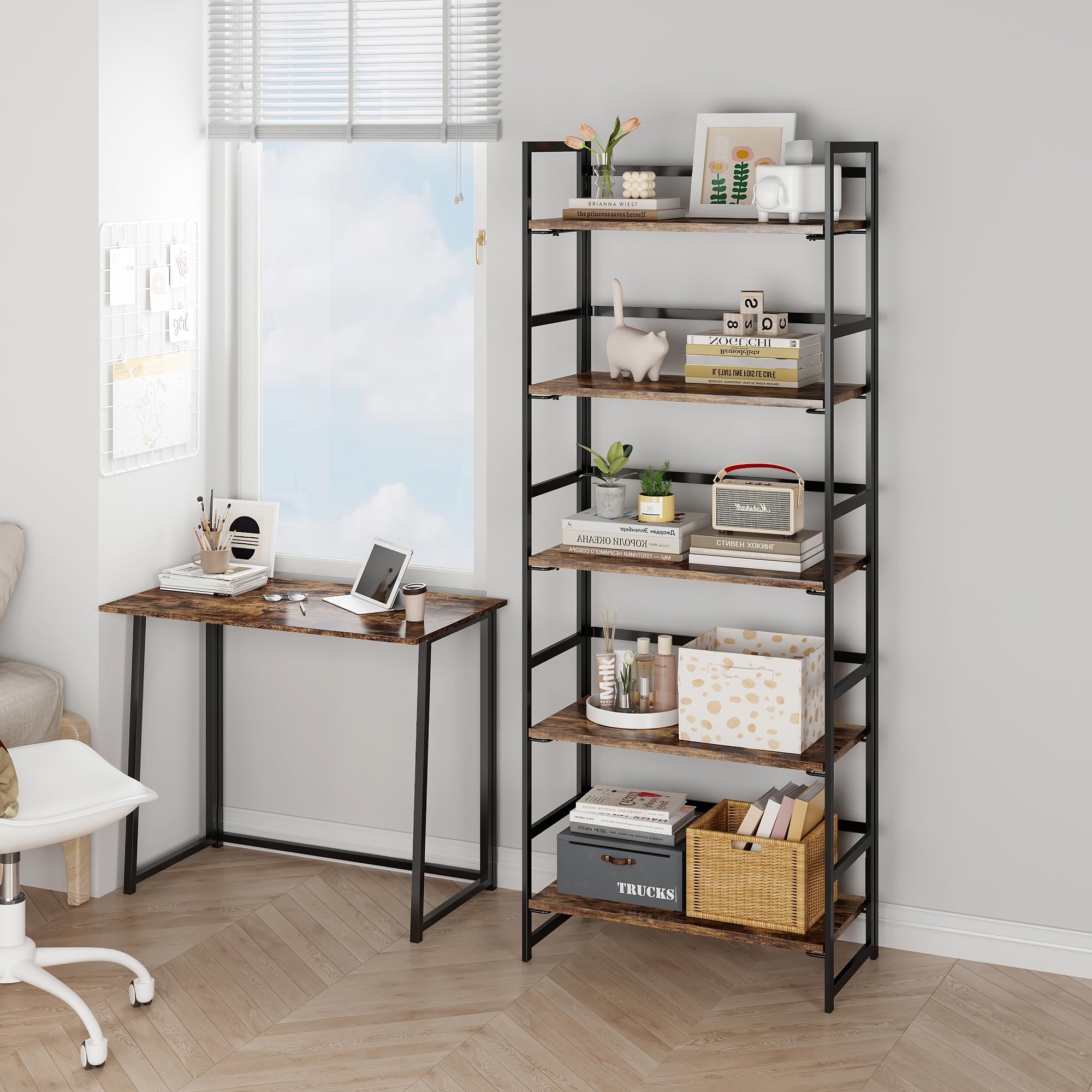Vintage Multifunctional Folding Bookshelf, No-Assembly Plant Stand Storage Rack Shelves