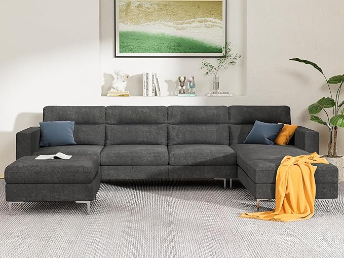 Sofa 110” Corduroy Sectional Comfy Couches for Living Room, Modern Deep Removable Back and Seat Cushions, 4 Seater Fluffy Sleeper with Soft Armrest, Gray