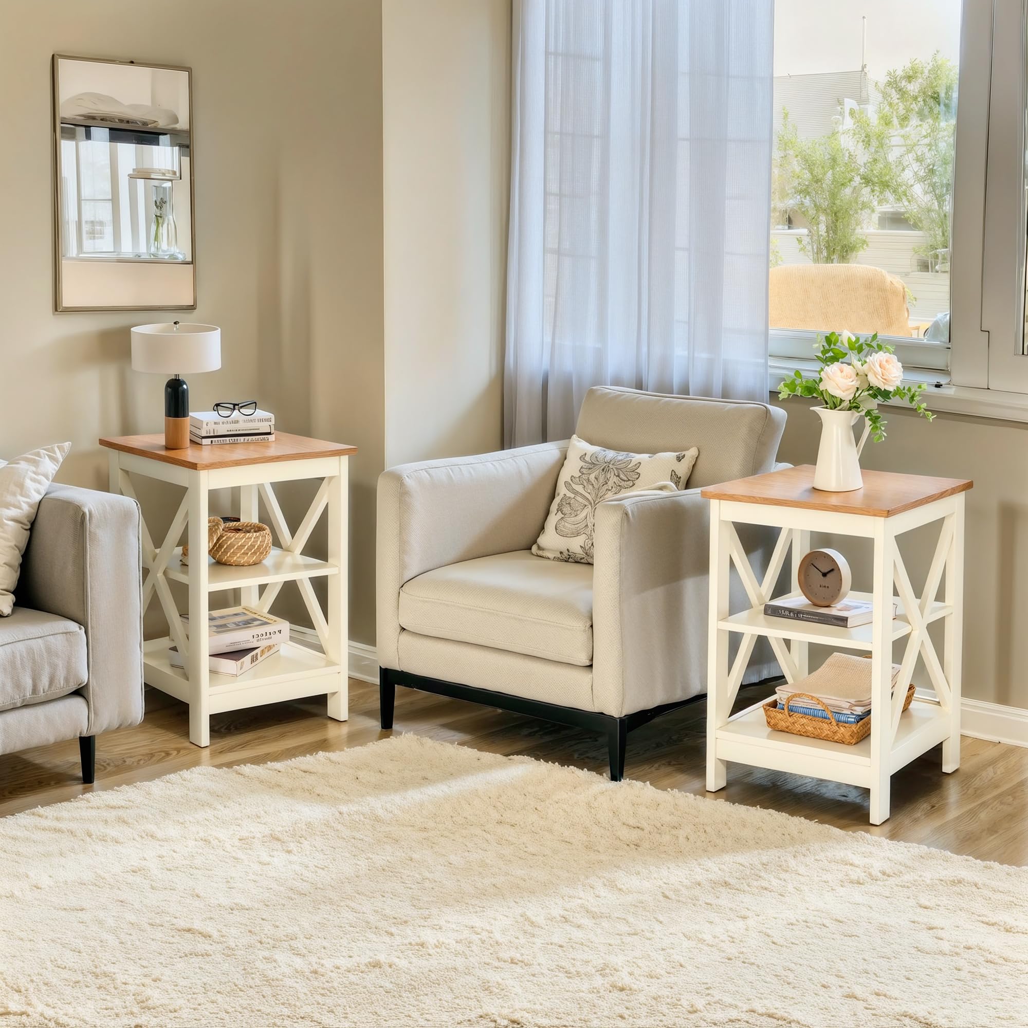 Side Table, Farmhouse End Table Set of 2, Bedside Table 3-Tier Storage Shelf