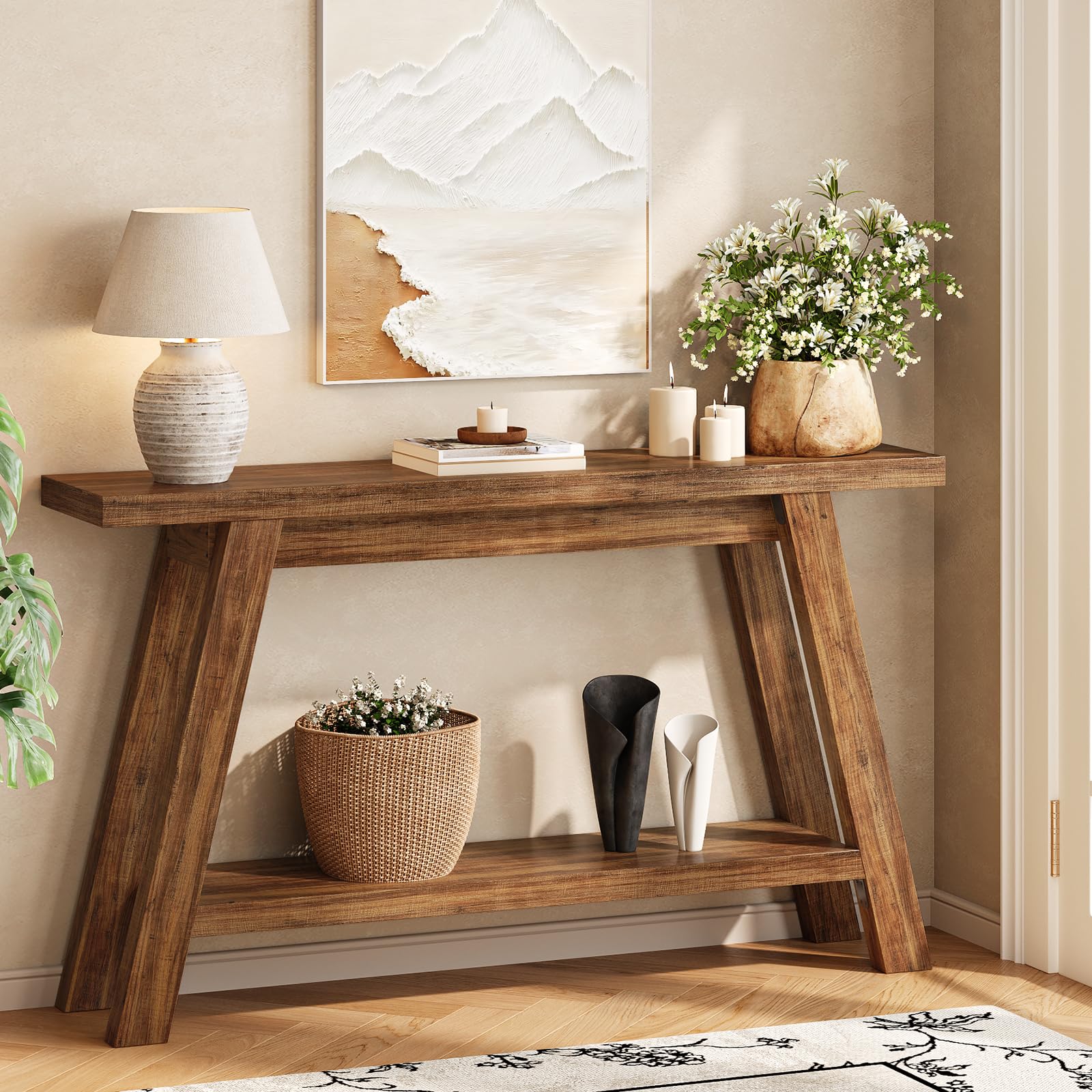55-Inch Console Table with Storage - 2-Tier Narrow Wood Entryway Table