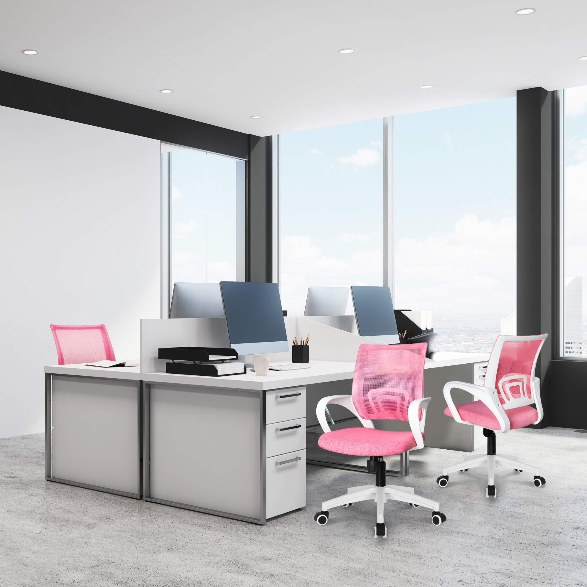 Office Chair Computer Desk Chair Gaming Ergonomic Mid Back Cushion Lumbar Support with Comfy Mesh Adjustable Swivel Rolling Home (Pink)