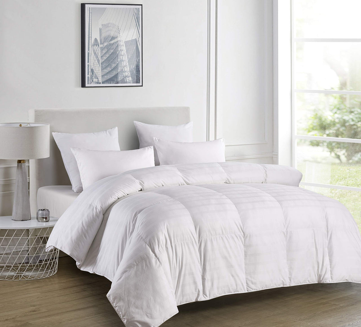 Blue Ridge Home Fashions Luxury 600 Thread Count Windowpane Pattern Oversize Down Alternative Comforter - Hypoallergenic Polyester Fill, King, White