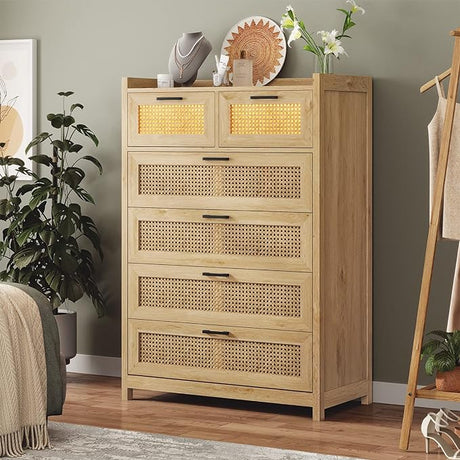 6 Drawer Dresser for Bedroom, Natural Rattan Wood Dressers with Led Light,