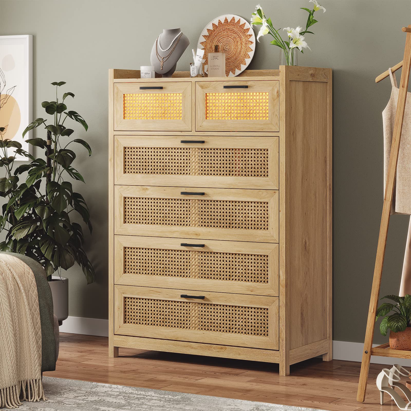 6 Drawer Dresser for Bedroom, Natural Rattan Wood Dressers with Led Light,
