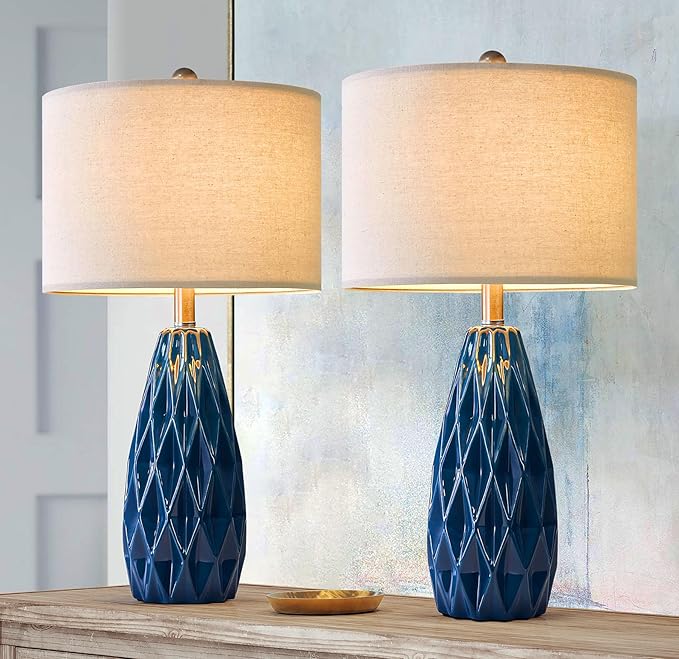 23" Table lamp Set of 2 Modern Ceramic Small Blue Embossed Geometric Pattern Bedside