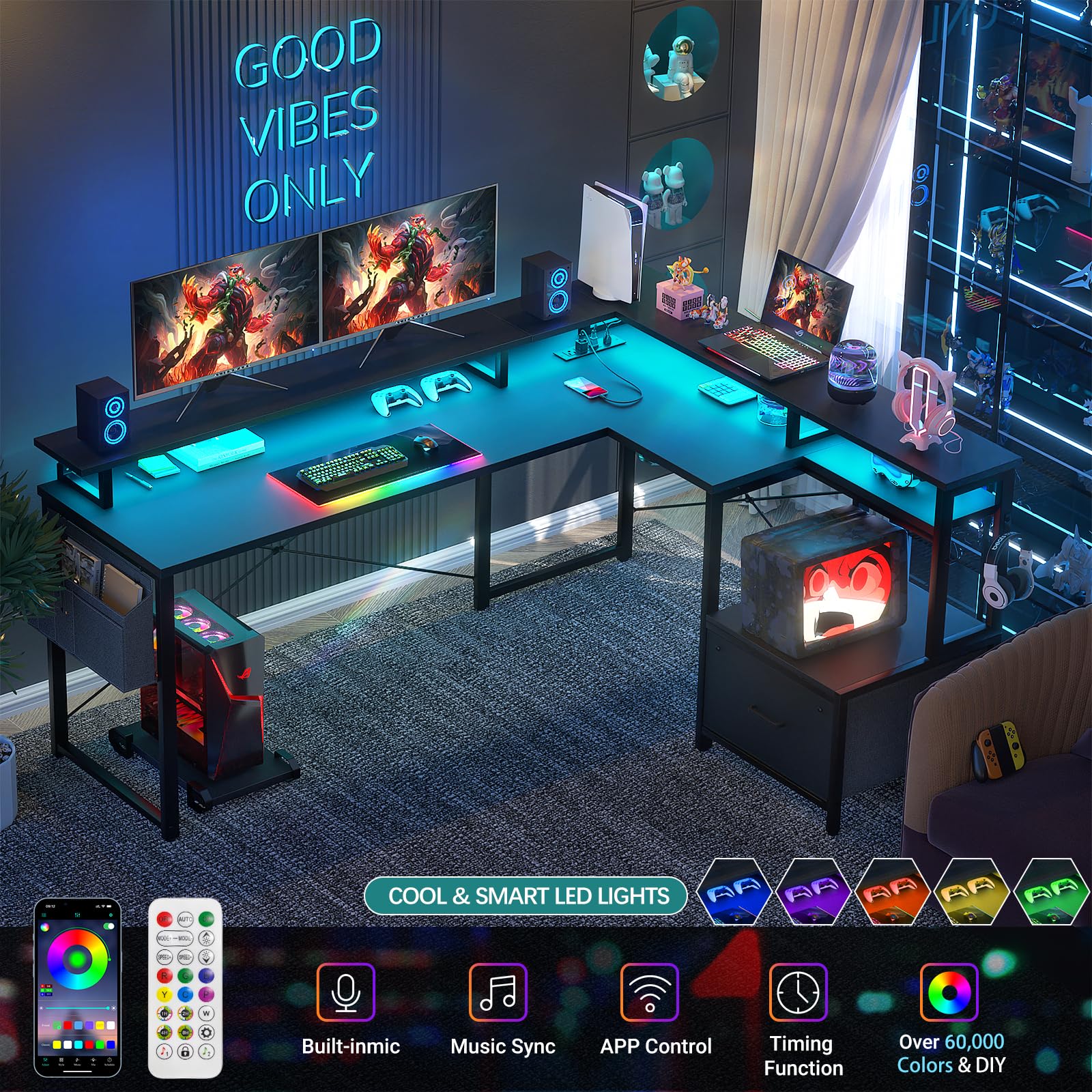 L Shaped Desk with Power Outlet and LED Strip, Reversible L Shaped Computer Desk