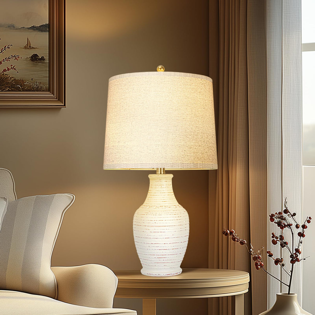 Scenekoy 23" Ceramic Table Lamps Set of 2 with 3-Way Dimmable Bulb,Rotary Switch,Lamps for Living Room,Bedside Lamp with Linen Shade,Nightstand Lamps of 2 for Living Room Bedroom(Bulb Included)