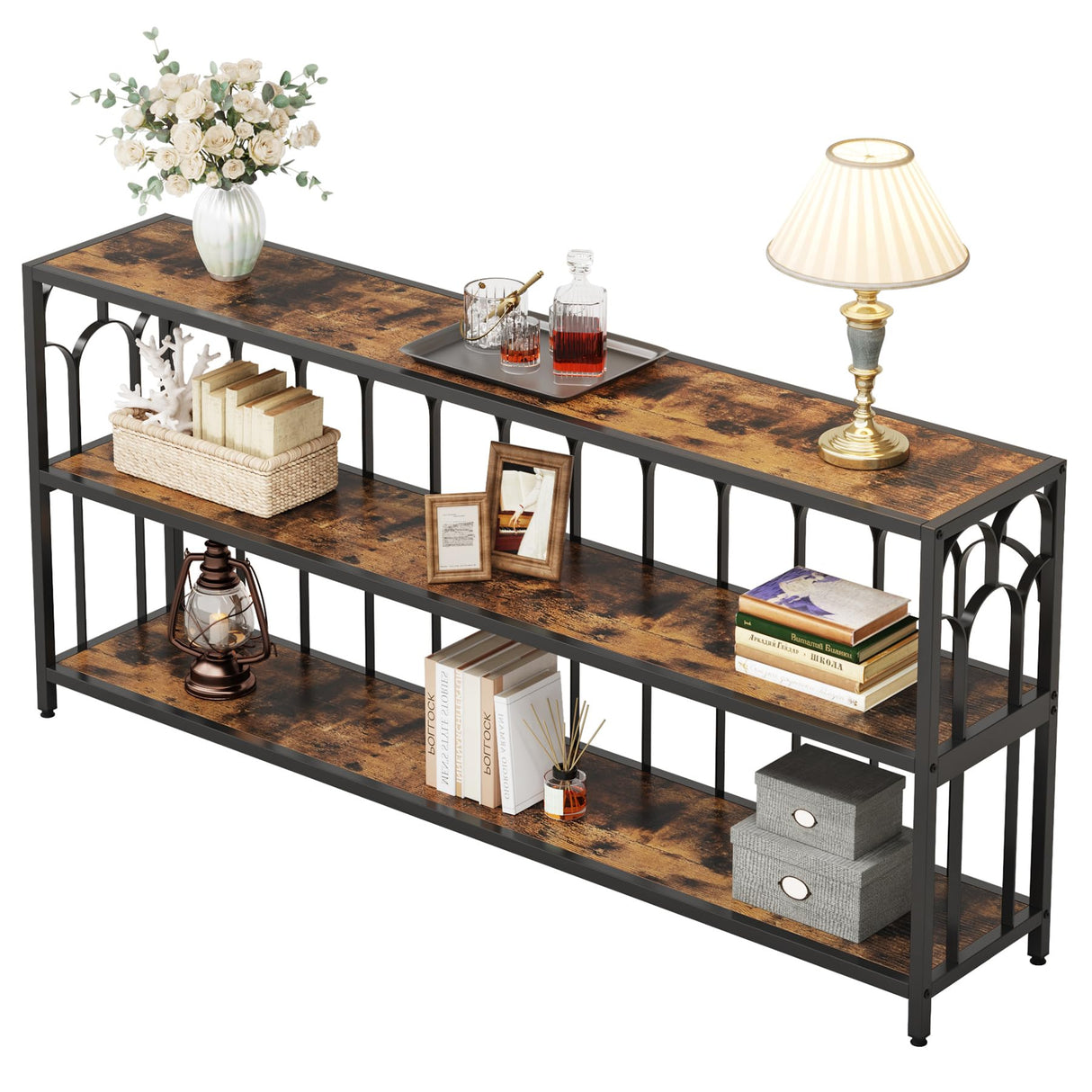 70.87" Long Console Table, 3-Tier Narrow Sofa Table with Shelves, Industrial Foyer Table Entryway Table for Living Room,