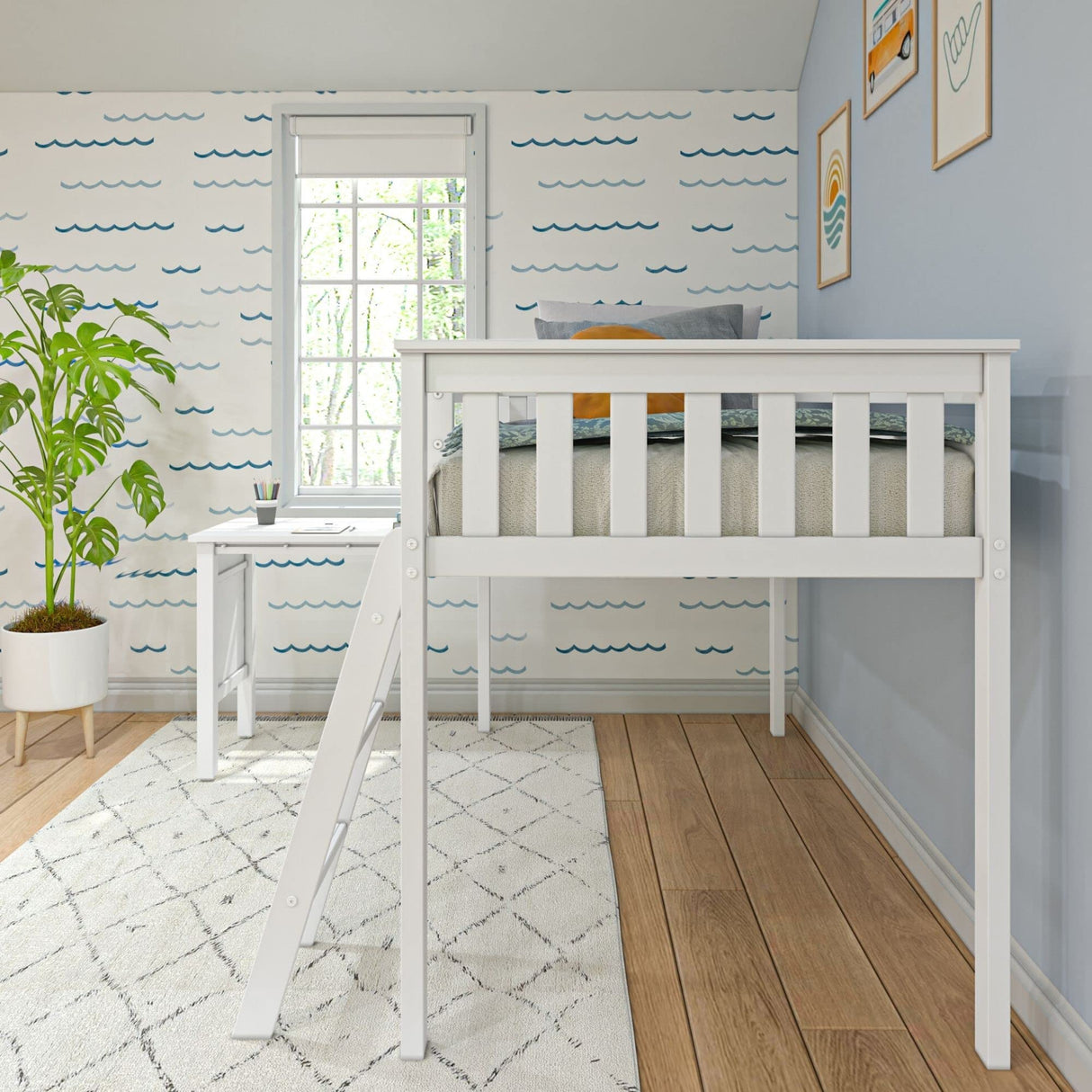 Low Loft Bed, Twin Bed Frame For Kids With Pull-Out Desk, White