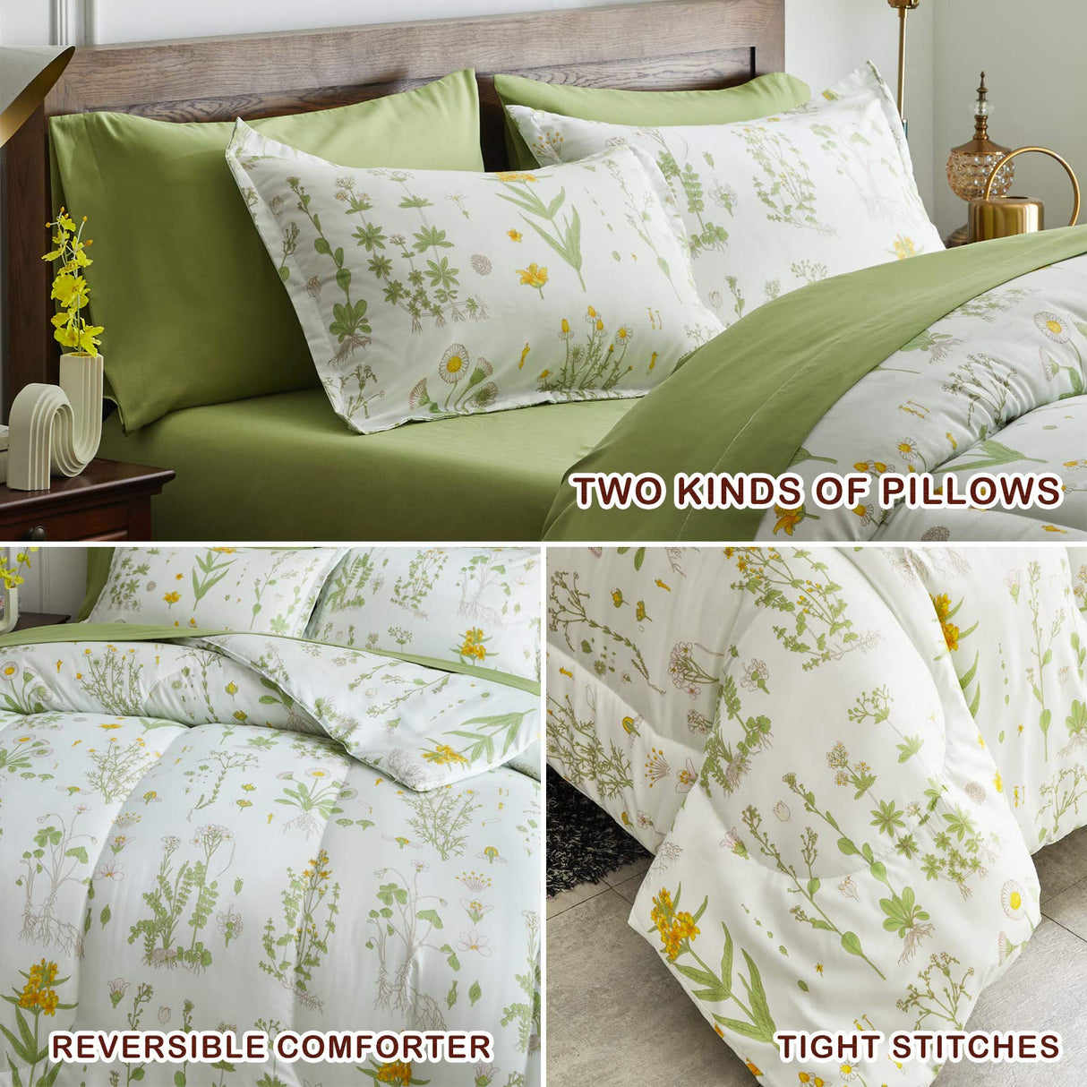 6 Piece Bed in a Bag Twin, Green Leaves Yellow Flower Botanical Design, Smooth Soft