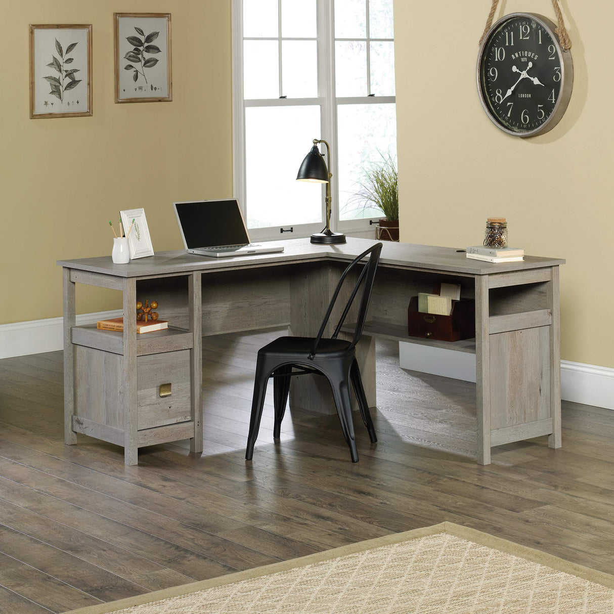 Cannery Bridge L-Desk, L: 59.06" x W: 59.06" x H: 30.04", Mystic Oak finish