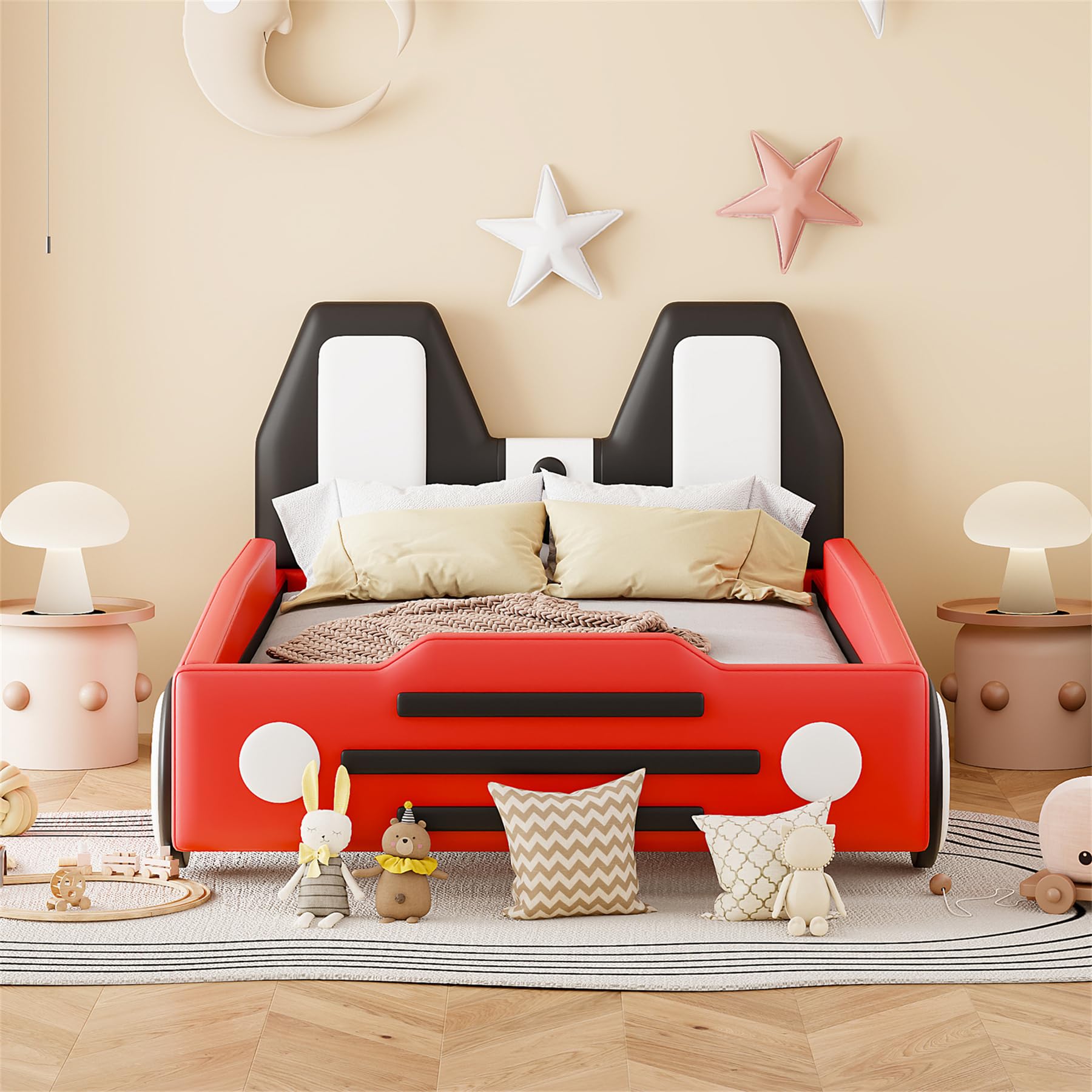 Twin Race Car Bed Frame with Wheels and Leather Headboard