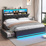 Queen Bed Frame with Hidden Storage Headboard and 4 Drawers
