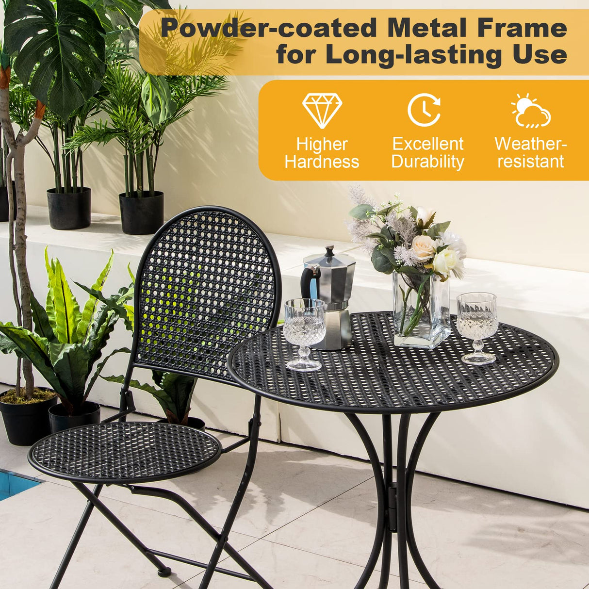 3 Pieces Patio Bistro Set, Metal Table and Folding Chair Set for 2