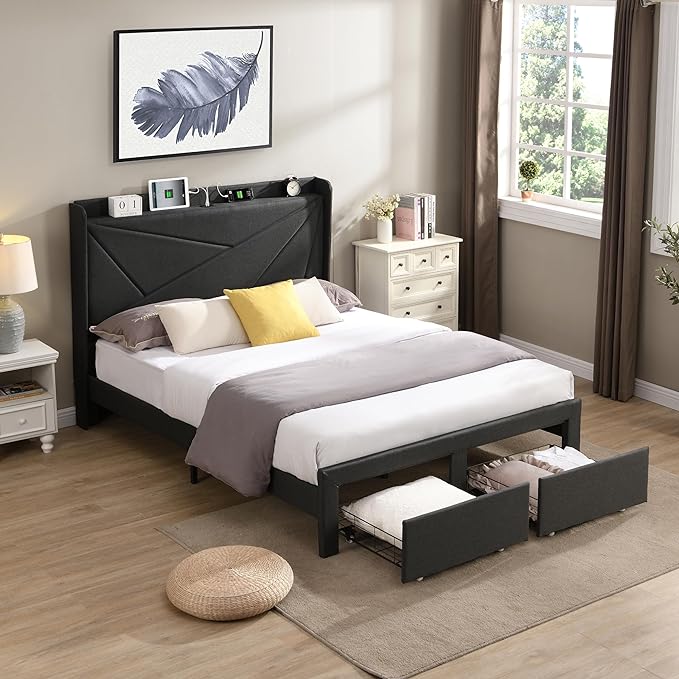 Full Size Bed Frame with 2 Storage Drawers, Upholstered Platform Bed Frame Full w/Wingback Headboard,