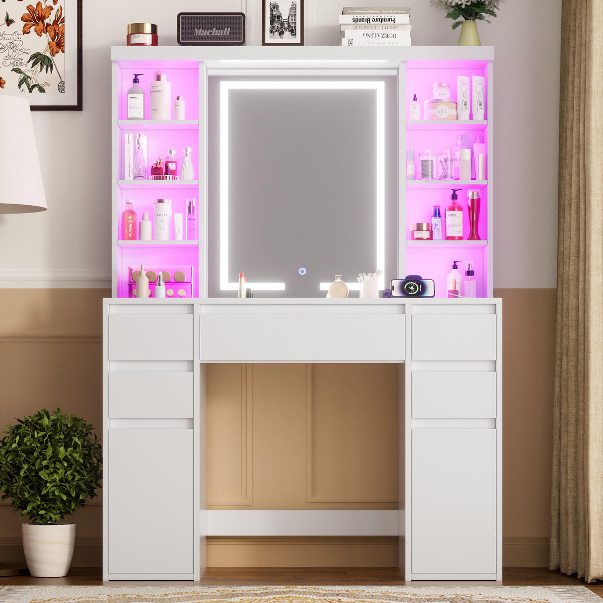 Tall Vanity Desk with LED Mirror and RGB Lights Shelves, White Makeup Vanity