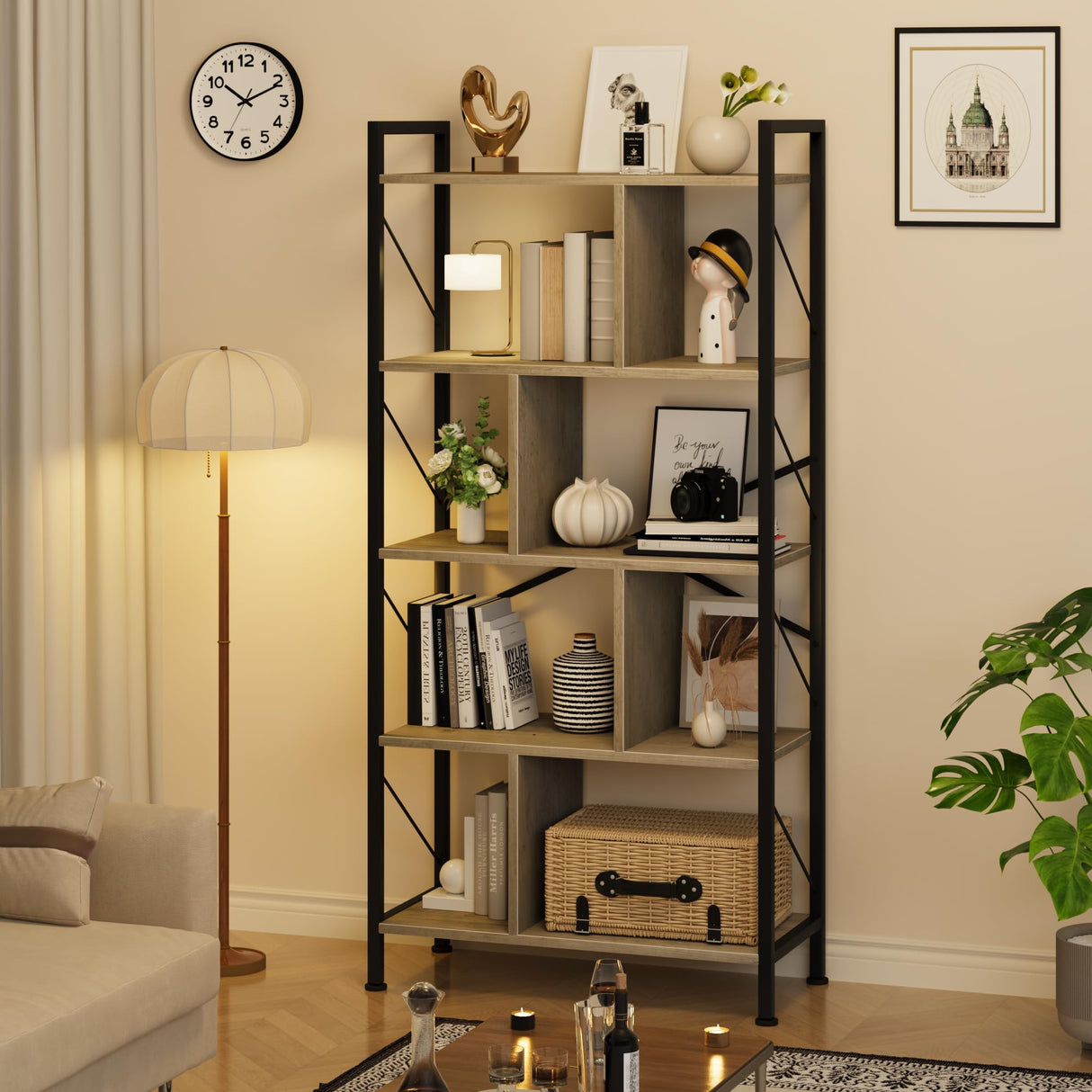 5 Tier Bookshelf with Storage, 61 Inch Tall Industrial Book Shelf with Open Display Bookshelves