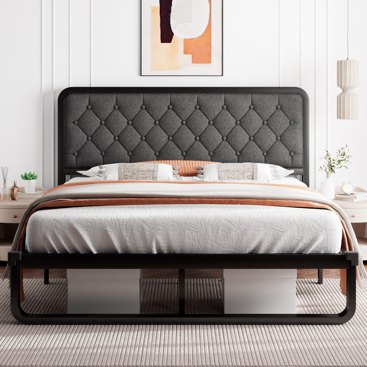 Queen Size Metal Bed Frame with Linen Upholstered Headboard, Curved Platform