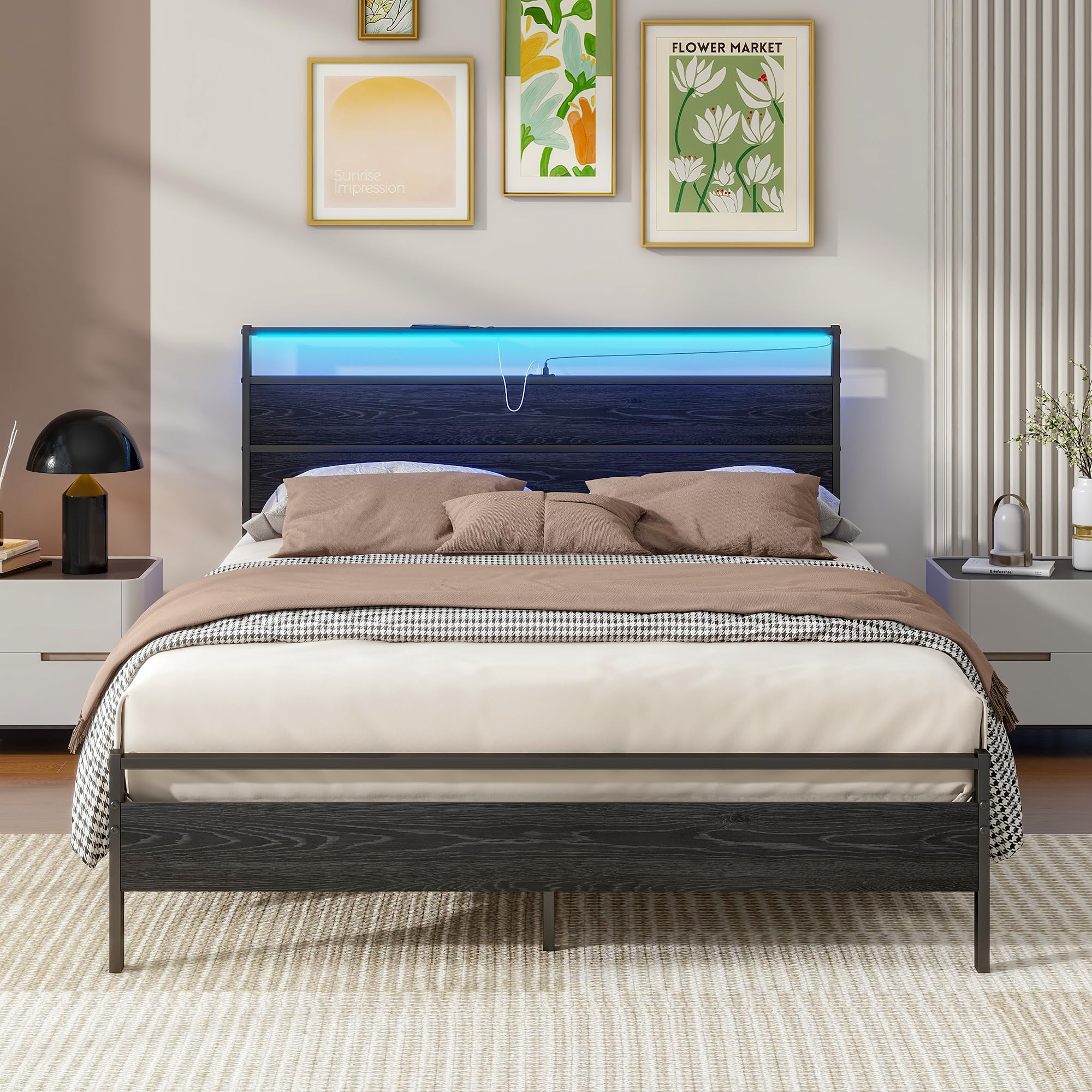Queen Metal Platform Bed Frame with LED Headboard & USB Charging