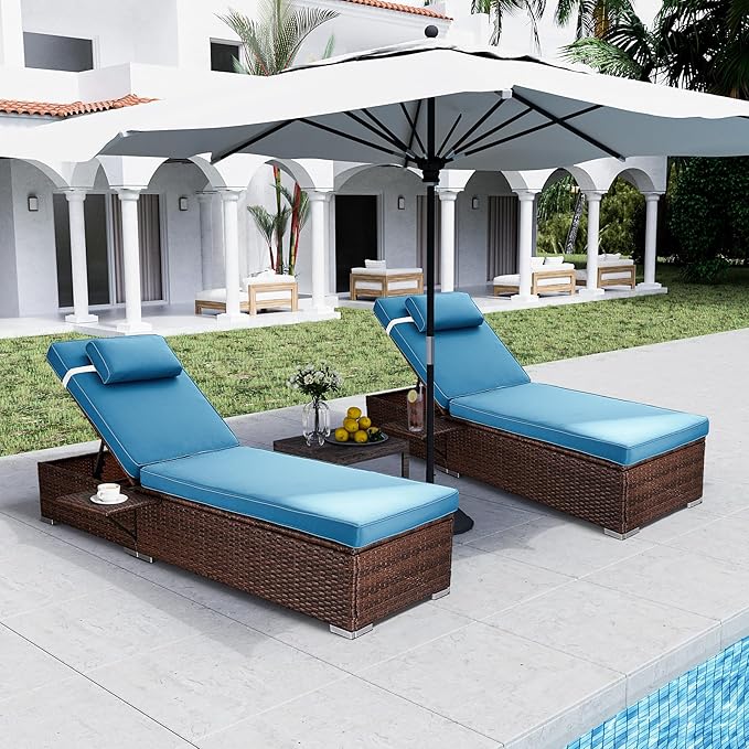 Outdoor PE Wicker Patio Lounge Chairs Set of 2, Outside Rattan Pool Lounge Chair