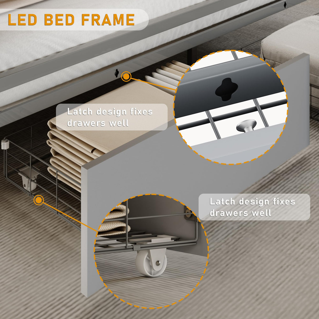 Full Size Bed Frame with 2 Storage Drawers, Upholstered Full Bed Frame with LED Lights