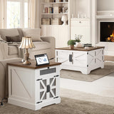 Farmhouse End Table with Drawer, 25'' Large Sofa Side Table with Charging Station