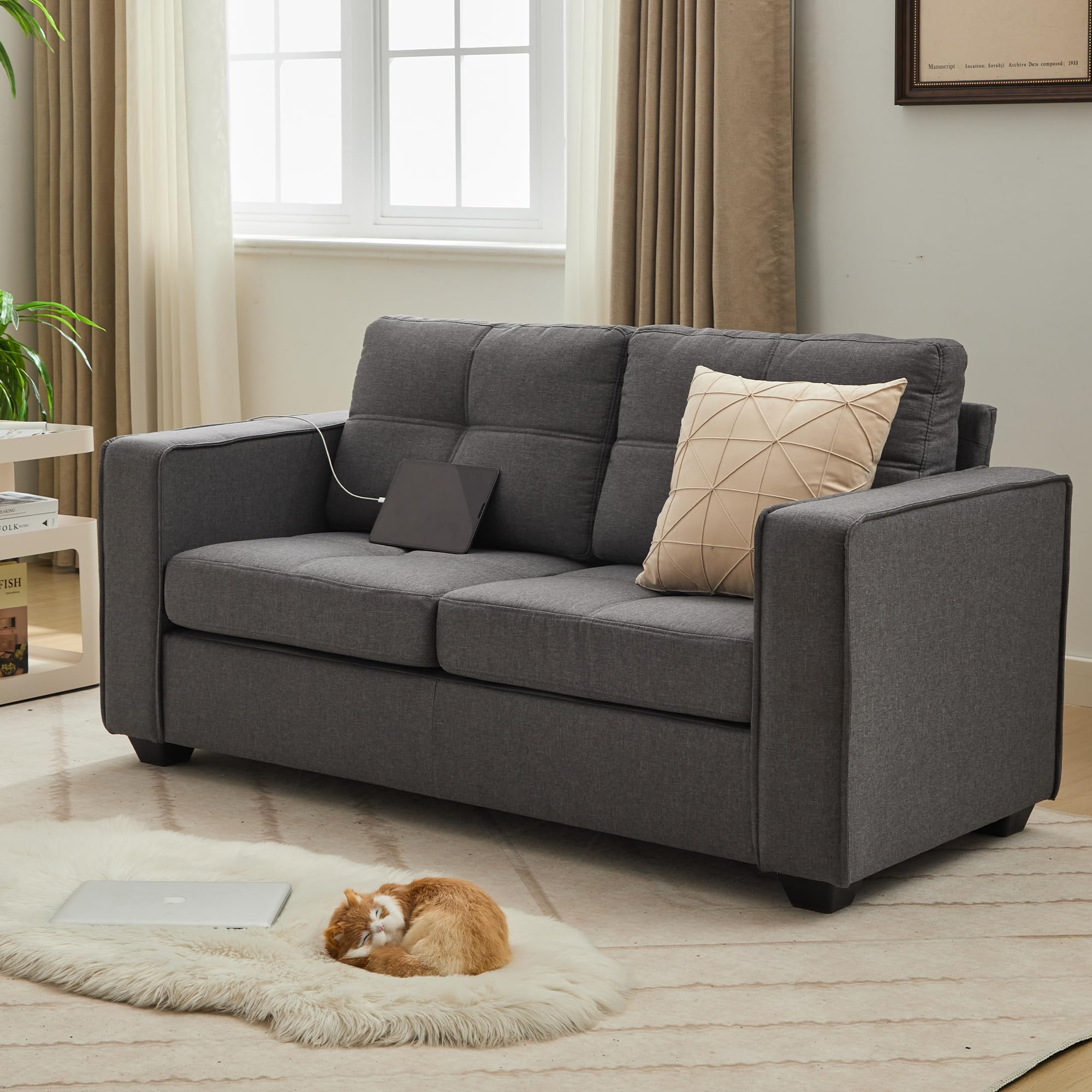 65" W Morden Linen Fabric Sofa Couch w/ 2 USB Charging Ports and Wide Arms