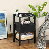 Nightstand with Charging Station and USB Ports, 3-Tier Storage End Table with Drawer Shelf