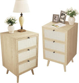 PHOYAL Rattan Nightstand Set of 2, End Table Rattan Bedside Table with Storage 3-Drawer Side Table