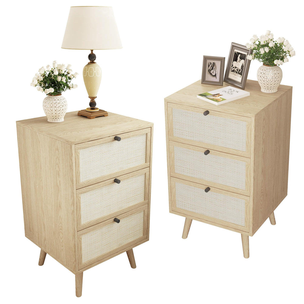 PHOYAL Rattan Nightstand Set of 2, End Table Rattan Bedside Table with Storage 3-Drawer Side Table