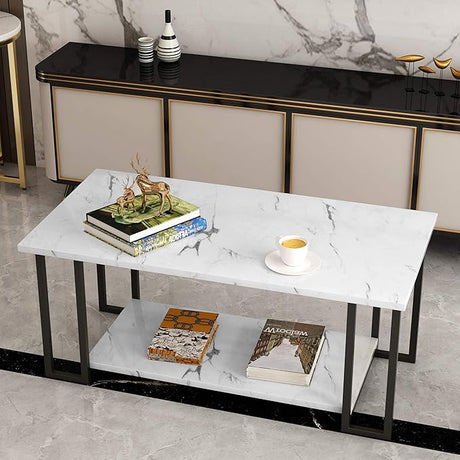 Coffee Table, Gold Base for Living Room-Faux Marble Rectangle Tabletop