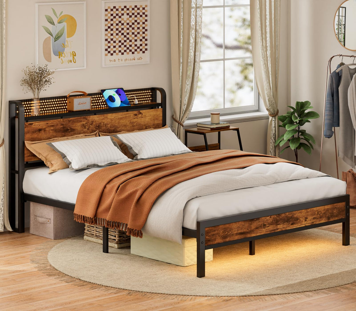 Full Bed Frame with LED Lights,Industrial Storage Headboard with Charging Station,USB Port,Under Bed Storage,Wood Platform with Strong Metal Support,No Box Spring Needed, Silent