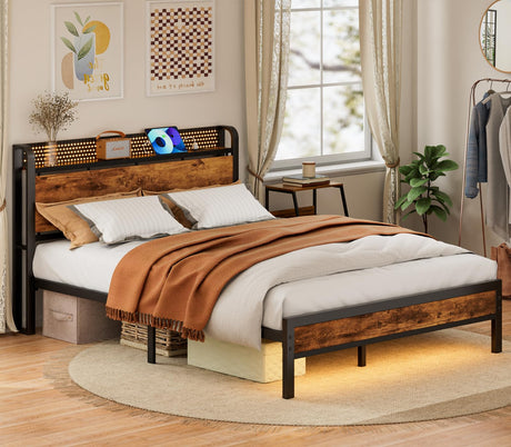 Full Bed Frame with LED Lights,Industrial Storage Headboard with Charging Station