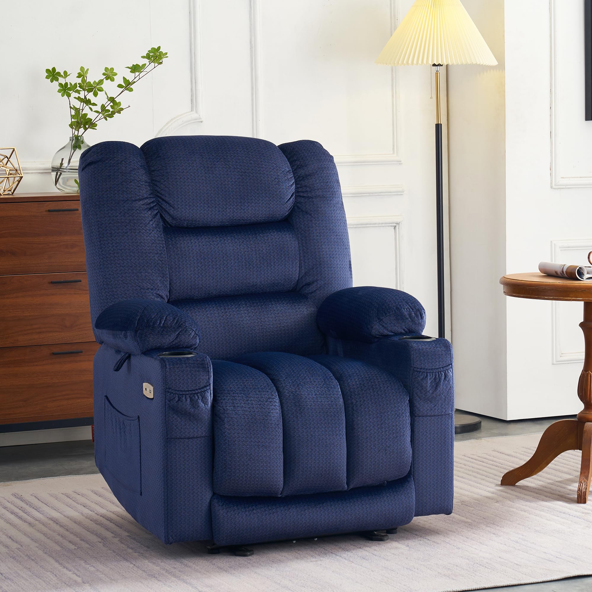MCombo Electric Power Recliner Chair with Heat and Massage, USB Ports, Cup Holders, Powered Reclining for Living Room 6079 (Navy Blue Medium 22.2" Seat Width)
