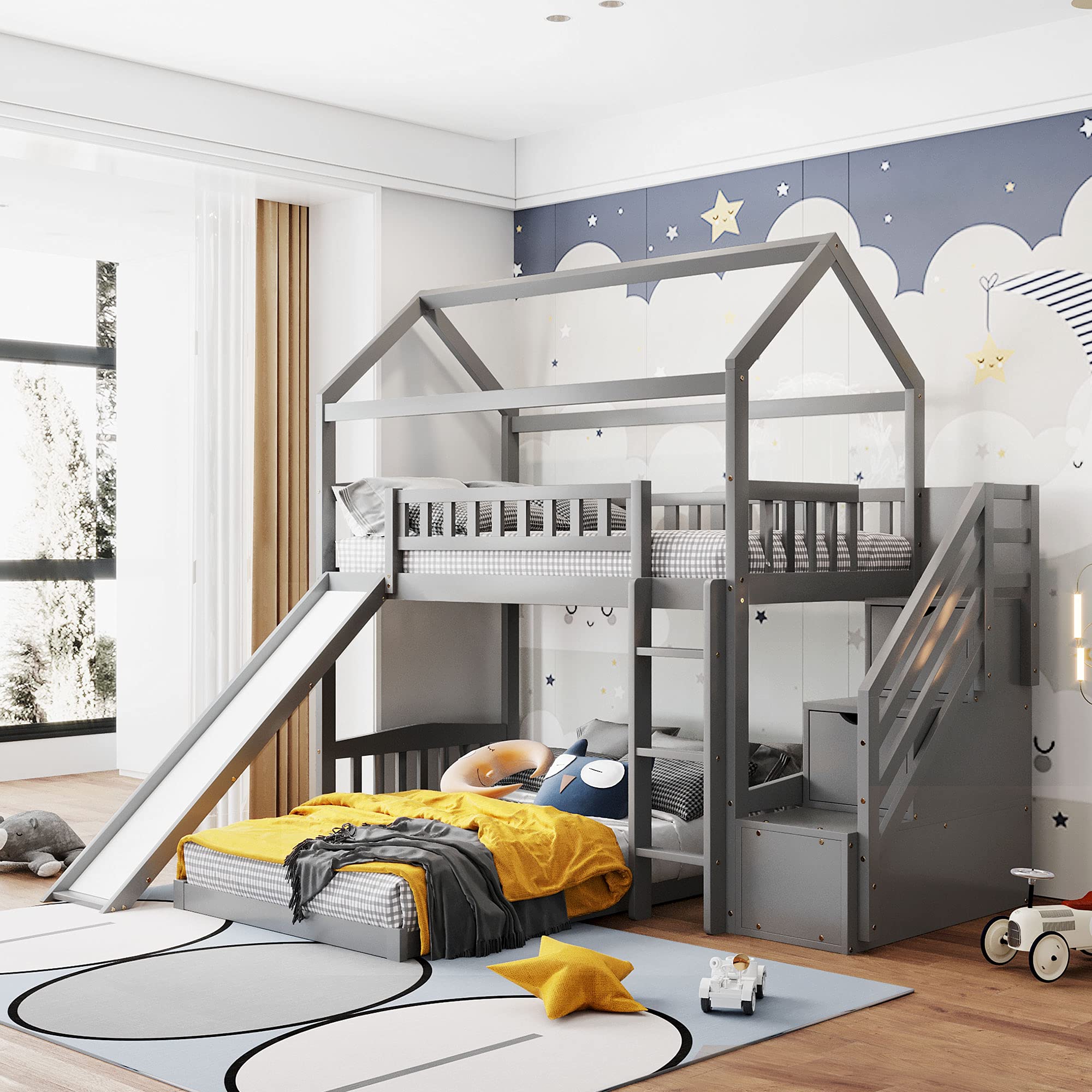 Twin Bunk Bed with Slide, Solid Wood Bunk Loft Bed Frame with Two Drawers Stairs