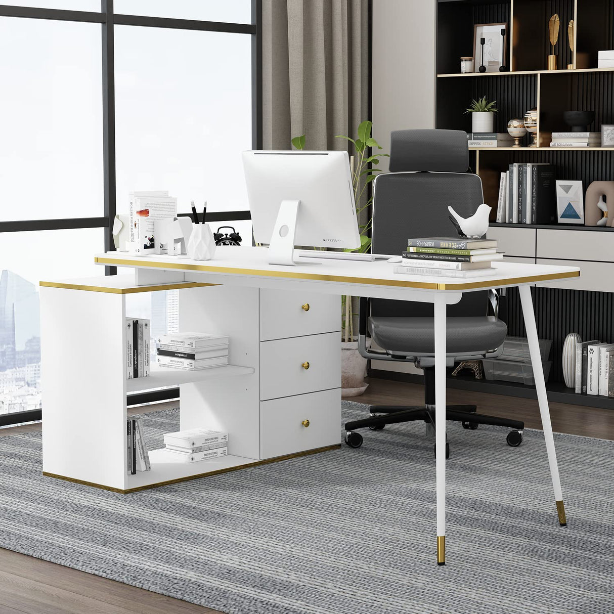 Home Office Computer Desk Corner Desk with 3 Drawers, 2 Open Shelves & Gold Lines