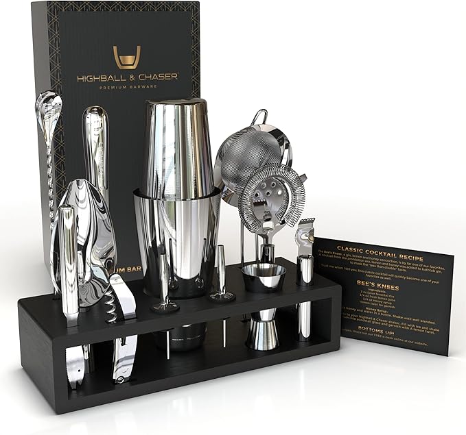 Bartender Kit with Black Bamboo Stand Beautiful Cocktail Shaker Set and Bar Tools