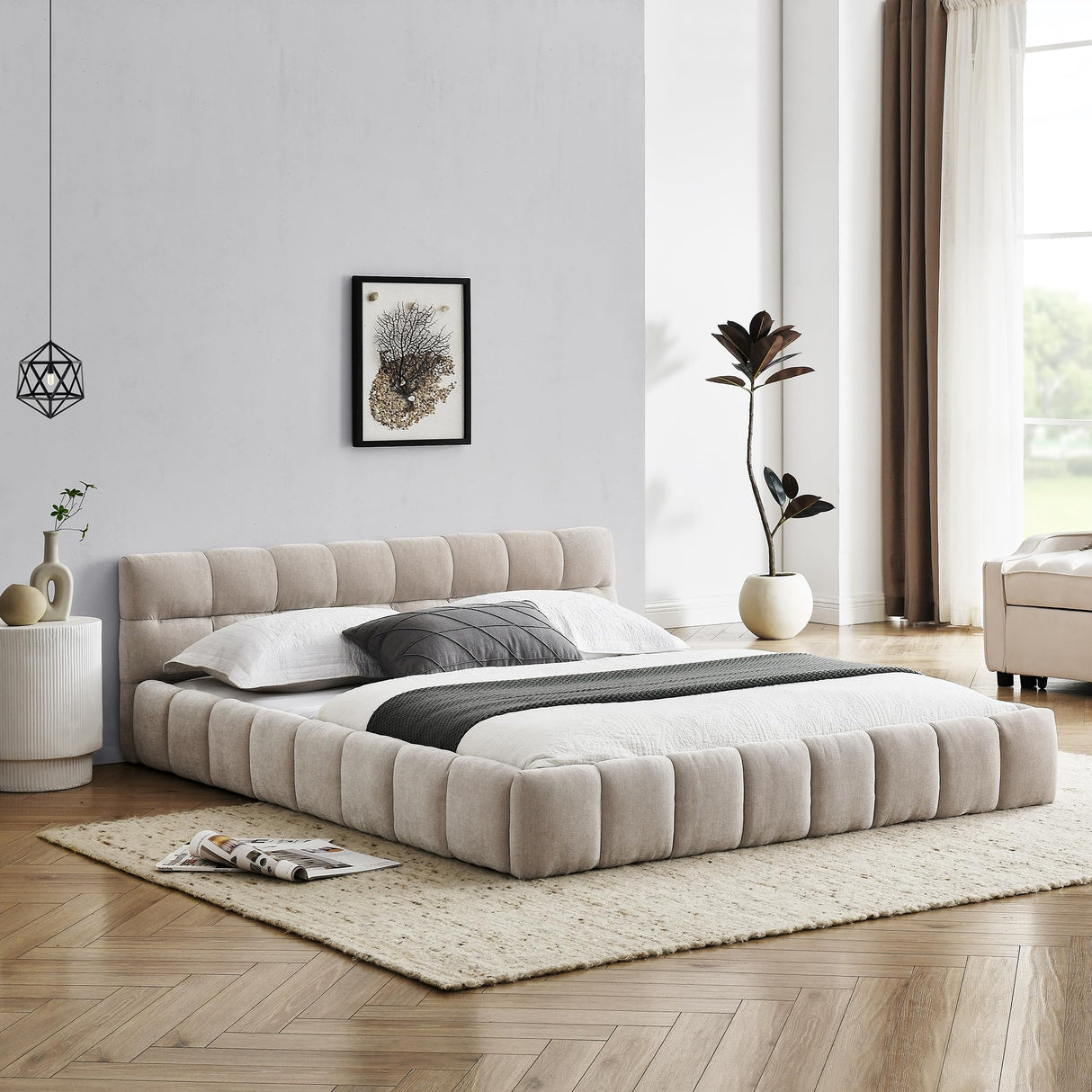 Queen Size Bed Frame, Chenille Upholstered Platform Bed with Cloud Soft Headboard