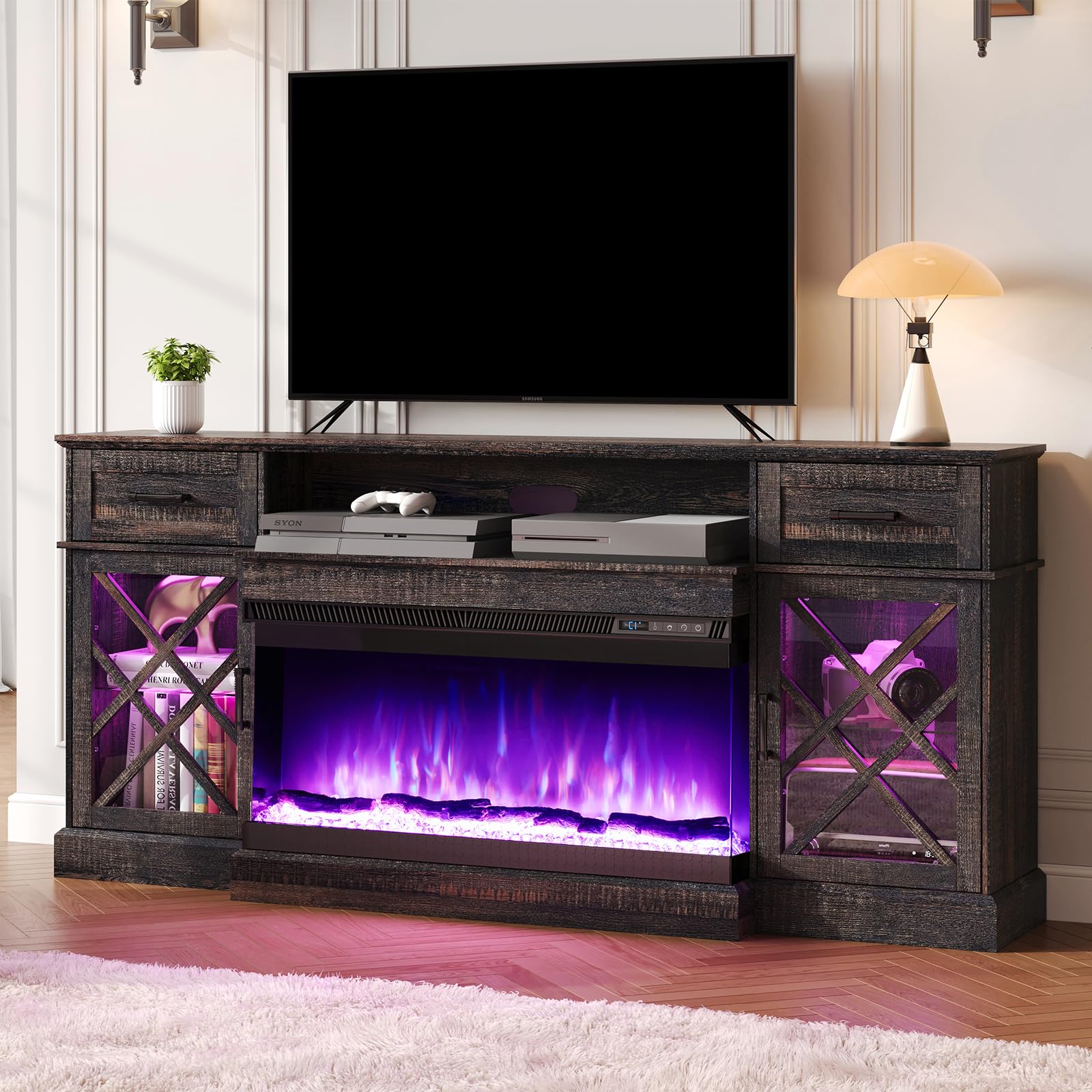 70" LED Fireplace TV Stand with Glass Doors - Black