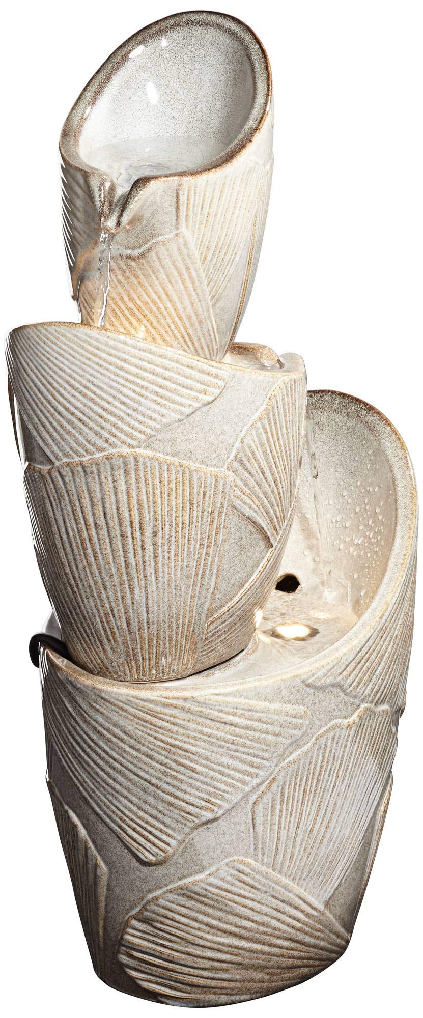 Three Urn with Leaves Asian Indoor Outdoor Floor Water Fountain with Light LED 30"