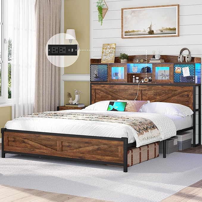 Farmhouse Full Size Metal Bed Frame with Storage Shelf Headboard