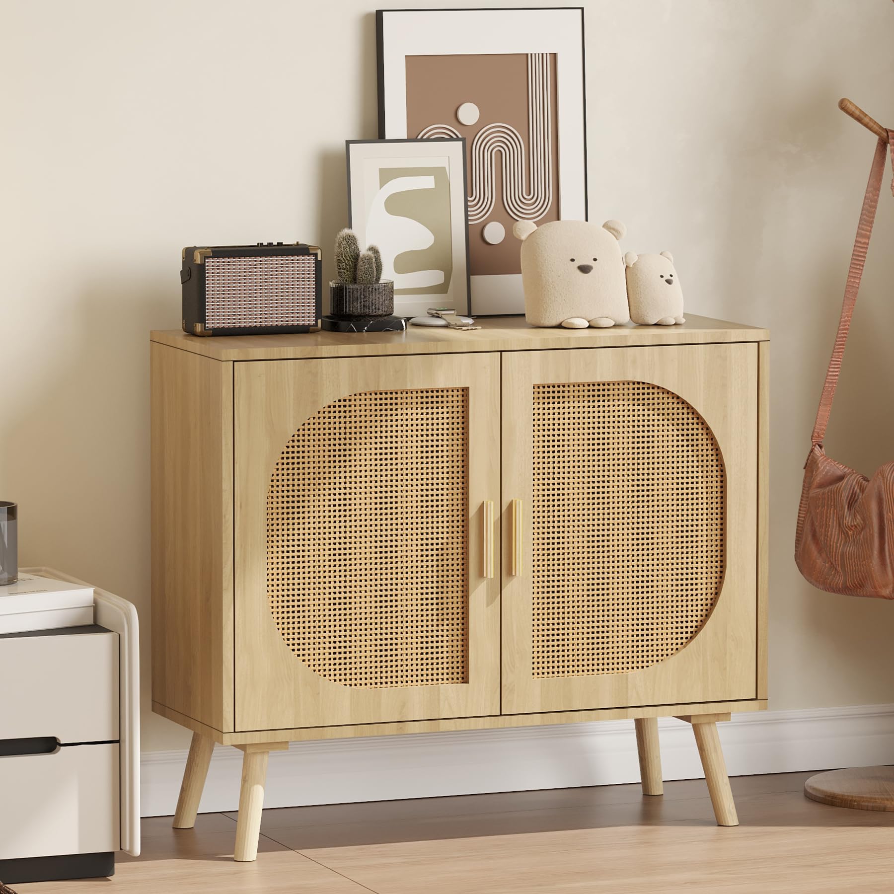 Rattan Storage Cabinet，Accent Bathroom Floor Cabinet，with Two Doors