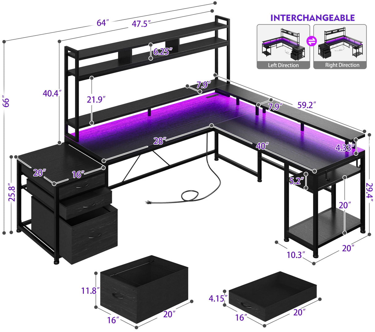 L Shaped Gaming Desk with LED Black Gaming Desk with Drawers & Storage