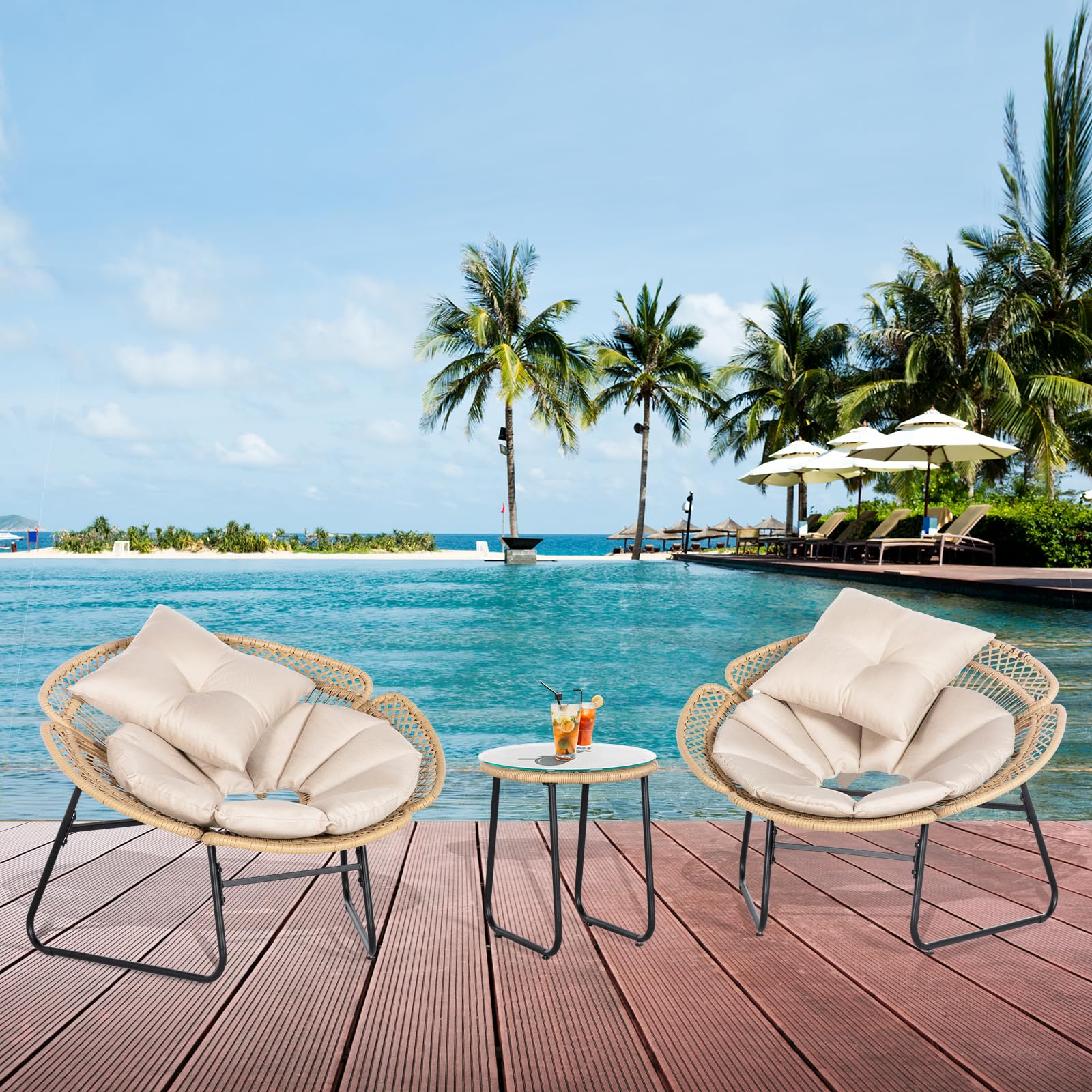 3 Pieces Rattan Bistro Set, Flower-Shaped Wicker Patio Furniture Set with Cushion & Pillow