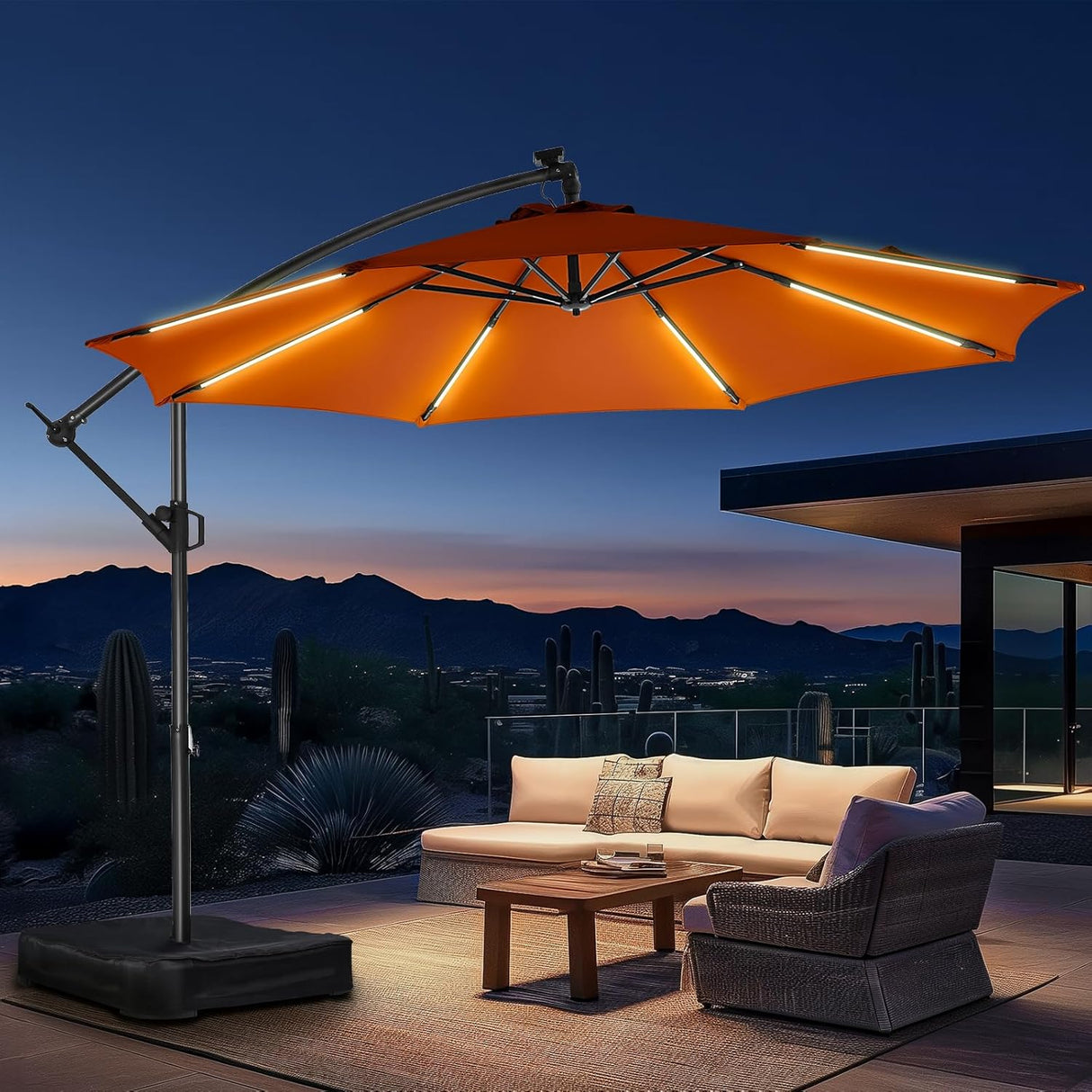 10ft Solar Lights Offset Cantilever Patio Umbrella - with Light and Base, LED Lighted