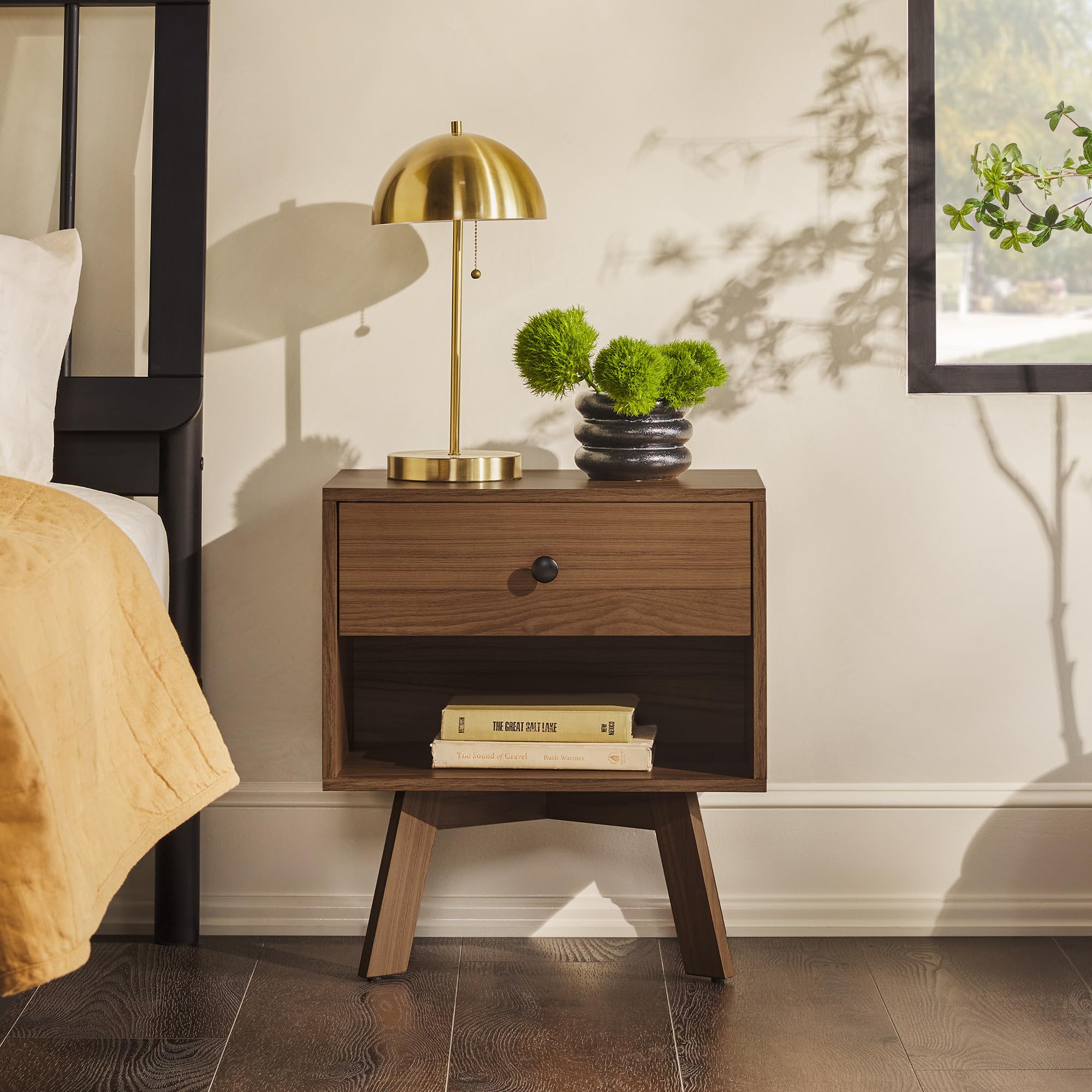 Mid-Century Modern 1-Drawer Nightstand Bedroom Storage Drawer and Shelf Bedside