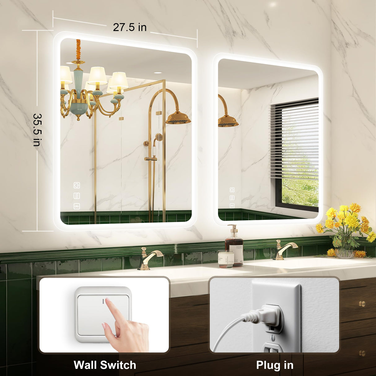 28"x36" LED-Bathroom-Mirror-with-Lights, Wall-Mounted with Bluetooth Speaker