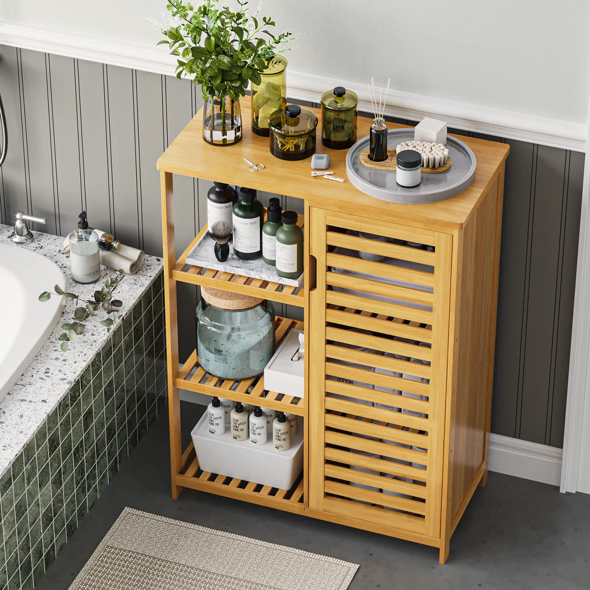 Bathroom Cabinet Bamboo Storage Cabinet with Doors and 3 Side Shelves