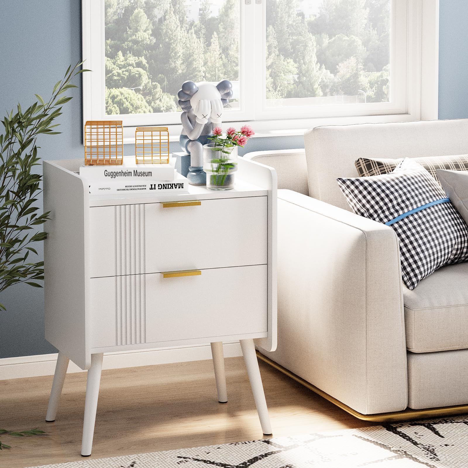 White Nightstand Modern Bedside Table with 2 Storage Drawer, Small Night Stand